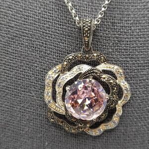 Lavish by TJM Sterling Silver Pink CZ Marcasite Flower Pendant Necklace